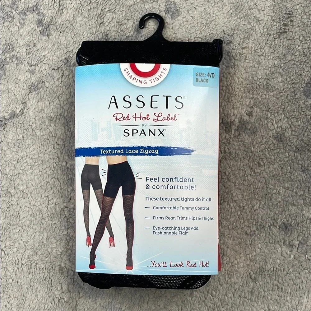 Spanx Assets Red Hot Label Black Textured Lace Zigzag Tights Smoothing Sz 4 D